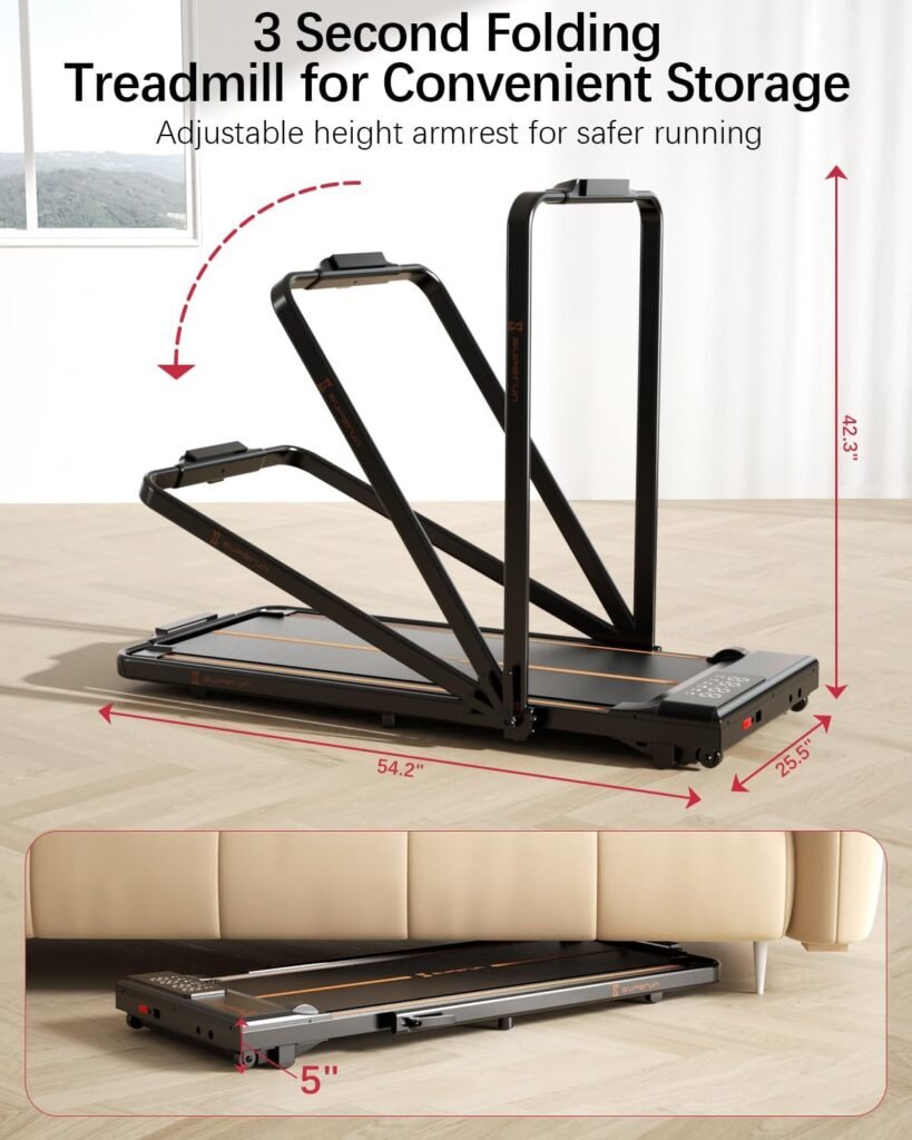 SupeRun 3 in 1 Folding Treadmills for Home Office Easy to Store, 3.0HP Powerful and Quiet Motor Under Desk Treadmill with 300LBs Capacity, Larger Walking Pad with Adjustable Armrest Safer and Comfort