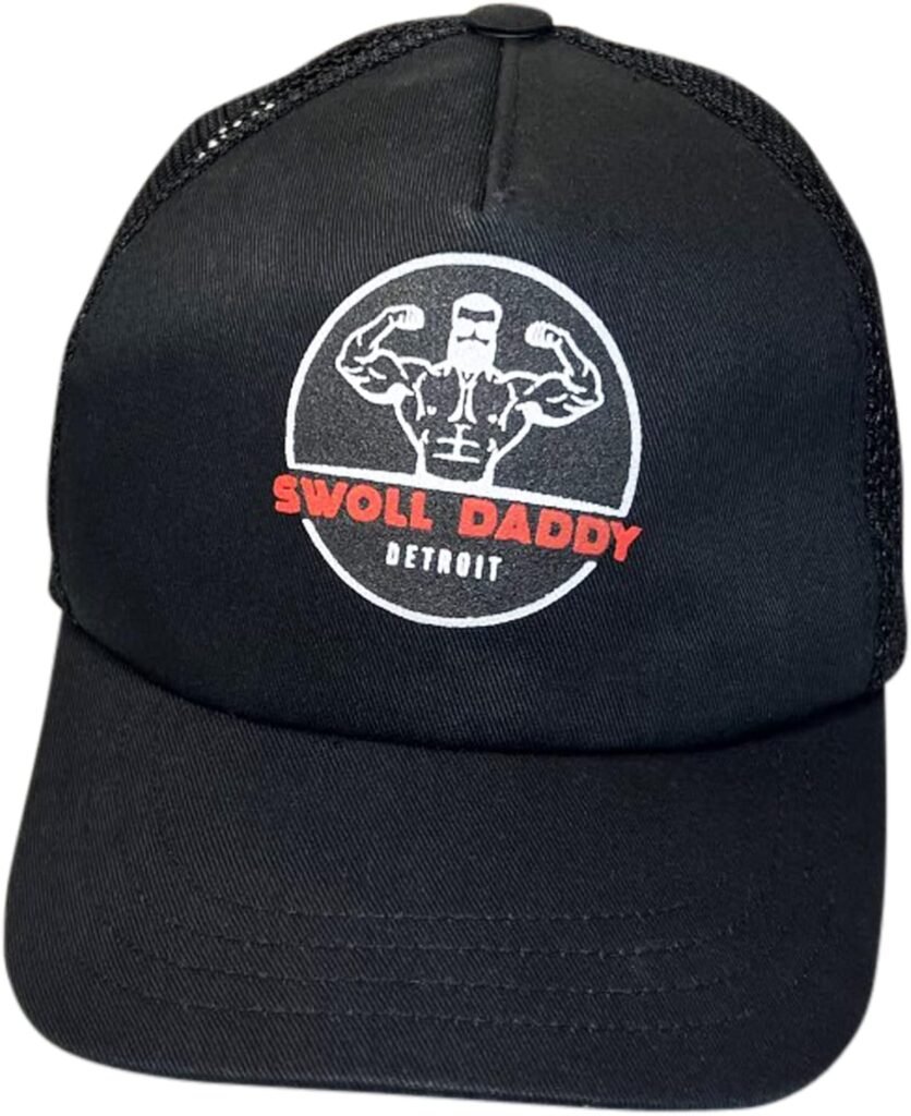 Swoll Daddy Mens Adjustable Snapback Curved Brim Mesh Back Trucker Hat for Weight Lifting, Running, Cycling