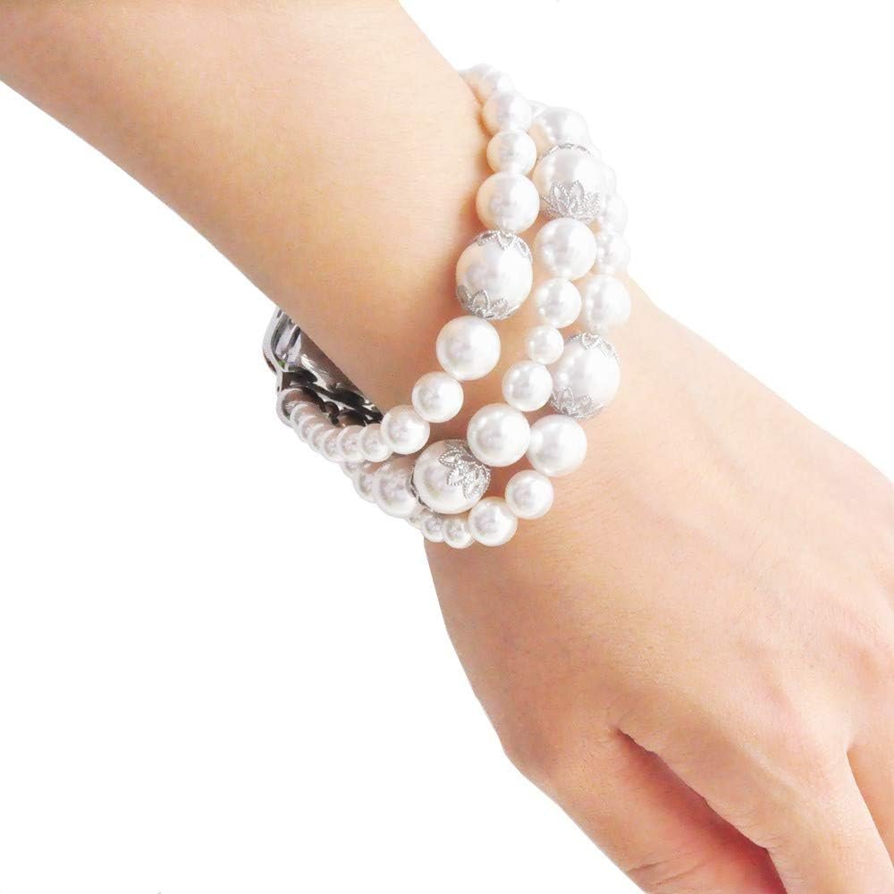White Pearl Bands Compatible with Fitbit Versa 3 / Sense Elastic Stretch Handmade Jewelry Bracelet Smartwatch Replacement Strap Wristband Wearable Tech Watchbands for Girls Women