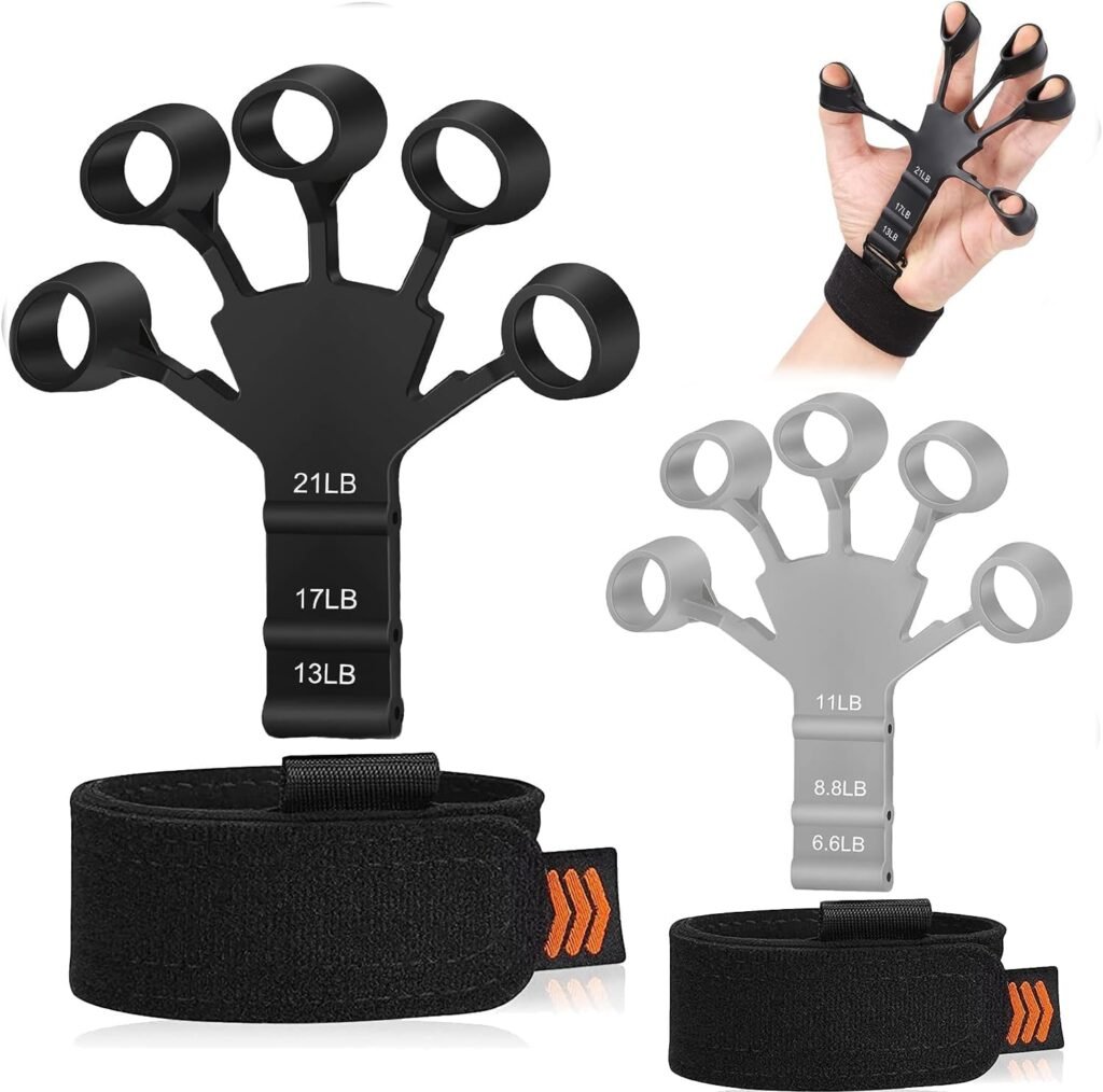 Wuvee Grip Strength Trainer Finger Strengthener-Hand Strengthener 6 Resistant Level Exerciser-Adjustable Hand for Therapy, Relieve Pain Arthritis(Black+Grey, 2PCS) shouzhi-01