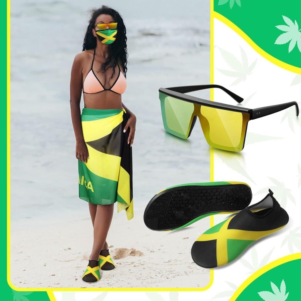 Yahenda 4 PCS Jamaican Swimsuit for Women, Include Sarong Wrap Cover Up, Water Shoe, Face Cover, Sunglasses