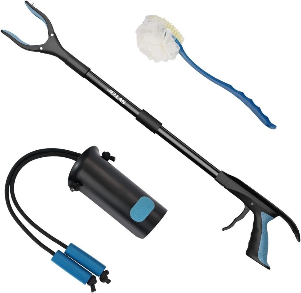 3-Piece Hip Knee Replacement Recovery Kit, Jellas 32-inch Foldable Reacher Grabber with Shoehorn, Sock Aid Device for Seniors, 14-inch Bath Sponge 2 Sides