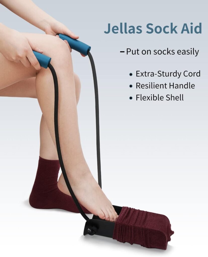 3-Piece Hip Knee Replacement Recovery Kit, Jellas 32-inch Foldable Reacher Grabber with Shoehorn, Sock Aid Device for Seniors, 14-inch Bath Sponge 2 Sides