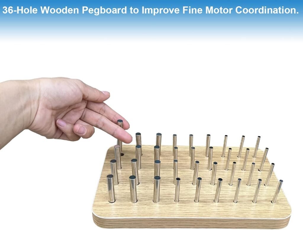 36-Hole Wooden Pegboard for Finger Dexterity, Hand Therapy Peg Board with 3 Different Diameters Round Pegs to Improve Fine Motor Coordination  Sensory Rehabilitation, Comes with 4mm/6mm/8mm Pegs