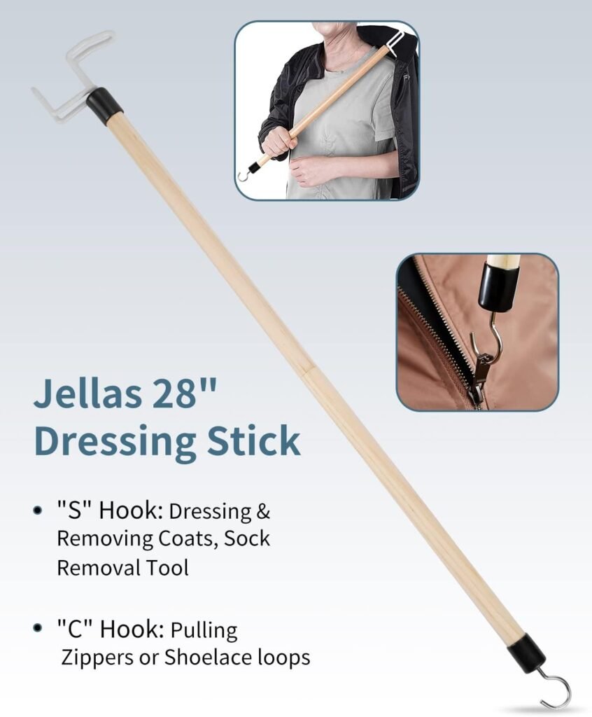 5-Piece Hip Knee Replacement Recovery Kit, JELLAS 32-inch Foldable Reacher Grabber with Shoehorn, Dressing Aids Stick for Seniors, Sock Aid Device, Leg Lifter, Long Handled Bath Sponge