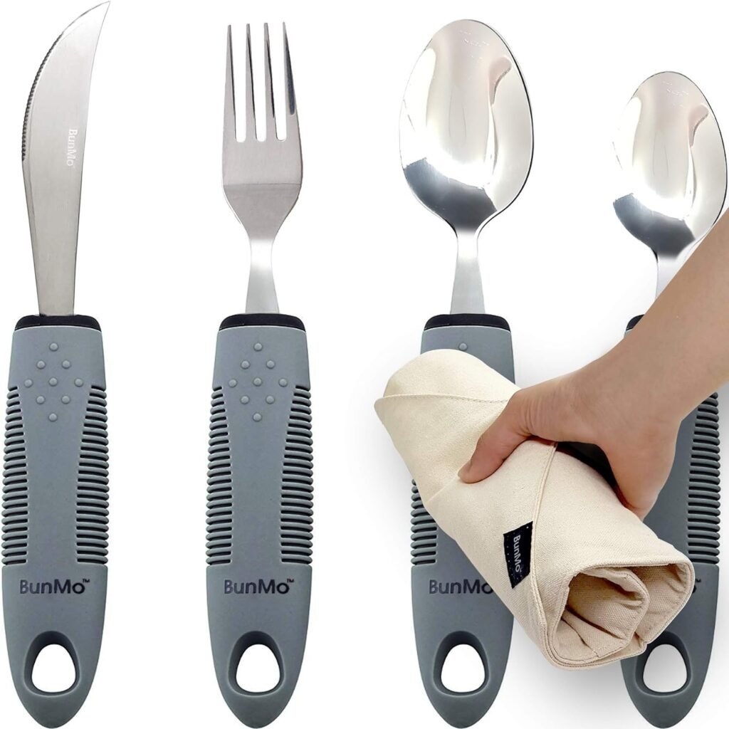 BUNMO Adaptive Utensils for Elderly, Arthritis, Weak Hand Grip  Handicapped | 4 Piece Set | Convenient Travel Pouch | Lightweight | Arthritis Gifts for Seniors Over 80 | Gifts for Disabled Adults