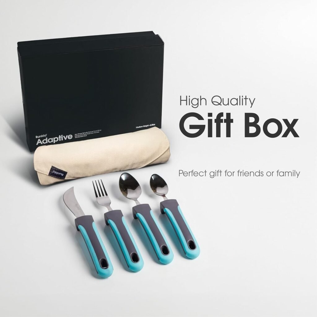 BUNMO Adaptive Utensils for Elderly, Arthritis, Weak Hand Grip  Handicapped | 4 Piece Set | Convenient Travel Pouch | Lightweight | Arthritis Gifts for Seniors Over 80 | Gifts for Disabled Adults