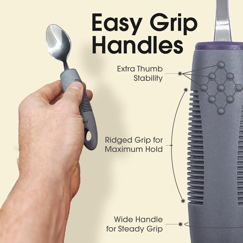 BUNMO Adaptive Utensils for Elderly, Arthritis, Weak Hand Grip  Handicapped | 4 Piece Set | Convenient Travel Pouch | Lightweight | Arthritis Gifts for Seniors Over 80 | Gifts for Disabled Adults