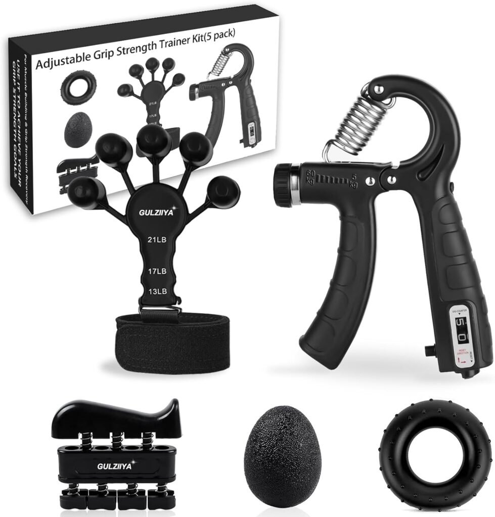 Hand Grip Strengthener Kit (5 Pack) with Finger Exerciser, Hand Grip Strengthener, Hand Extension Exerciser, Adjustable Resistance Hand Gripper, Stress Relief Ball and Forearm Workout Ring for Men and Women