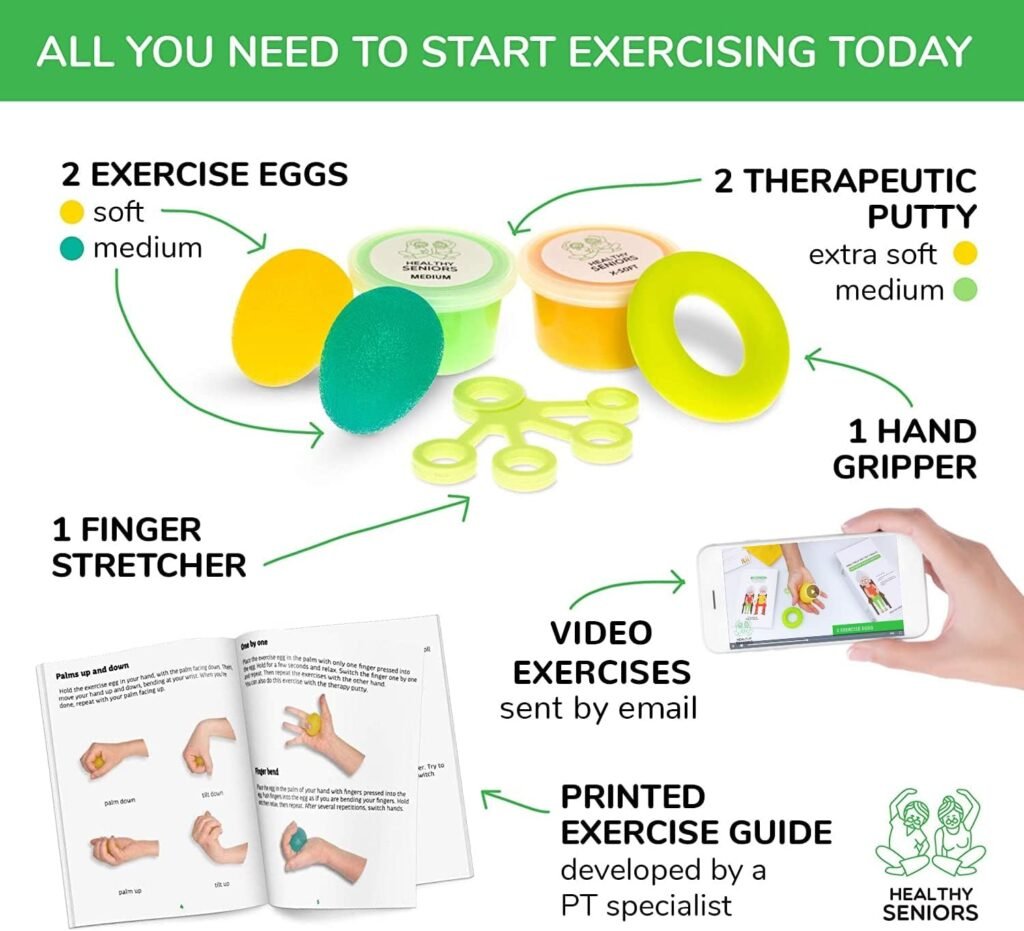 Healthy Seniors Physical Therapy Putty Kit, Finger Exercisers, and Hand Strengtheners. Improves Grip Strength, Dexterity, and Mobility. Supports Injury and Recovery Stress Relief