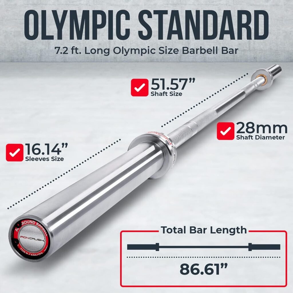 Iron Crush Olympic Barbell Bar - Multifunction 7-Foot Weight Bar for Weightlifting, Bench Press, Deadlift, Powerlifting, CrossFit Training - No. 45 Steel, Hard Chrome Finish - 750 lbs Max Load Capacity - Home Gym Fitness Equipment.