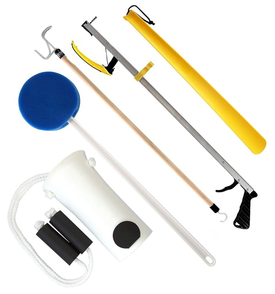 RMS Premium 7-Piece Hip Knee Replacement Kit with Leg Lifter, 19 and 32 inch Rotating Reacher Grabber, Long Handle Shoe Horn, Sock Aid, Dressing Stick, Bath Sponge - for Knee or Back Surgery Recovery