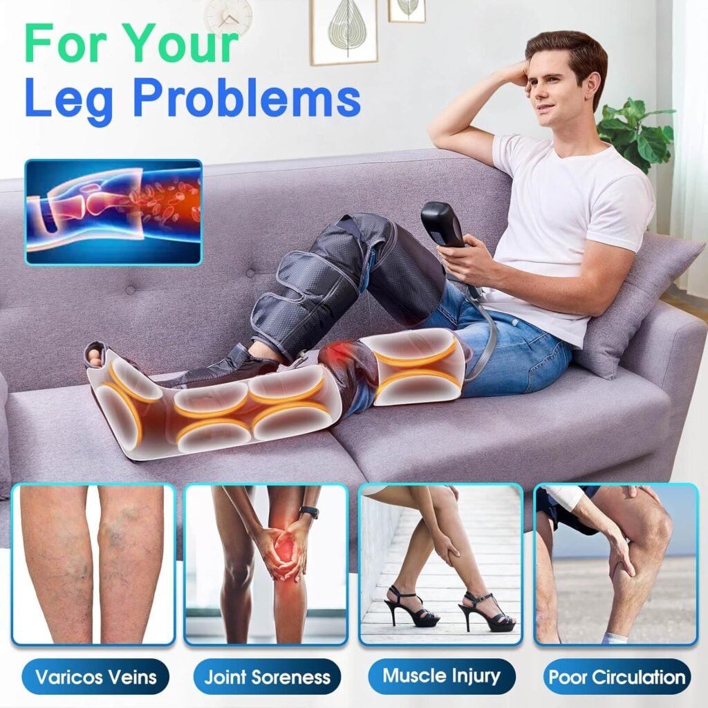 SLOTHMORE Leg Massager with Air Compression for Circulation  Muscles Relaxation, 2 Heat Levels Function, 4 in 1 Foot Calf Thigh Massage Sequential Massager Device, 4 Modes 4 Intensities