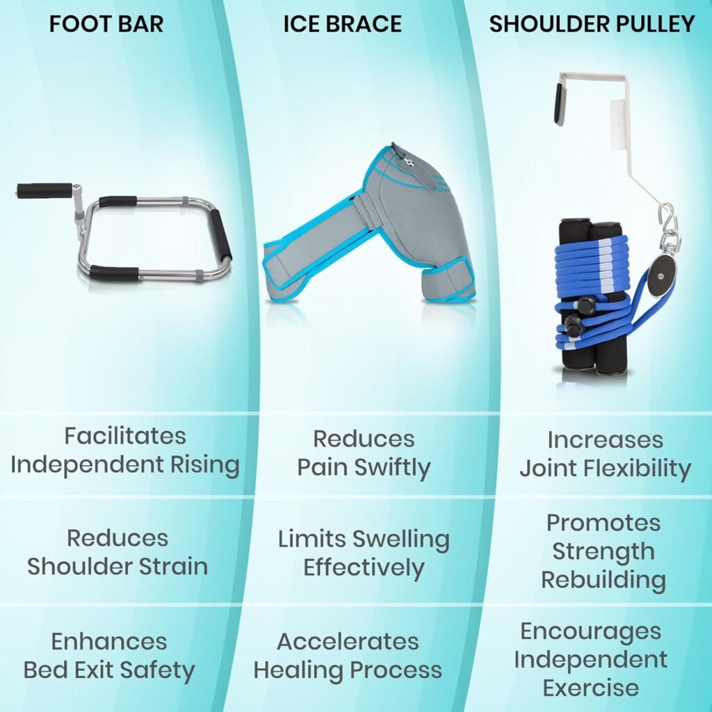 Vive Shoulder Rehab Equipment Kit - Physical Therapy Tools - Aids in Recovery - shoulder Pulley Over the Door, Ice Pack for Shoulder Rotator Cuff, Bar Foot Rail For Shoulder Surgery Recovery Supplies