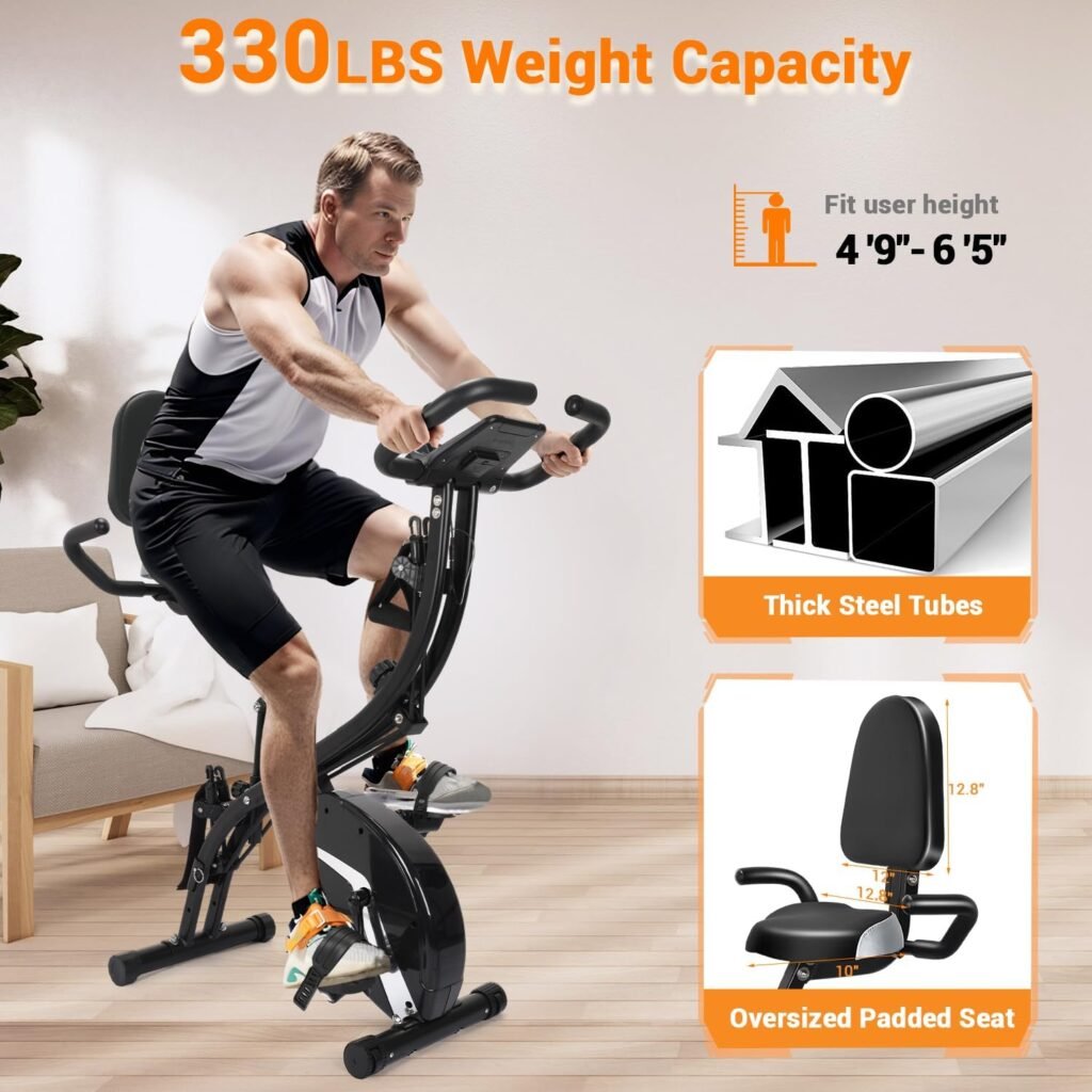 Exercise Bike-5 in 1 Stationary Bike For Home, Folding Exercise Bike 330LB Capacity, Indoor Cycling Bike 10DB Silent Bike, Magnetic Resistance, Oversized Seat Backrest (Upgraded)