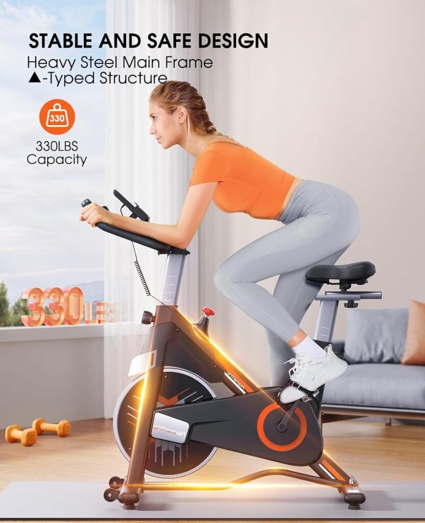 Exercise Bike, Double Magnetic/Brake Pad Resistance System Stationary Bikes Machine ,Super Quiet Belt Drive Indoor Spin Cycling Bike for Home/Gym Workout, Monitor  Ipad Mount  Comfortable Seat, Heavy Duty Stable Structure with 330LBs