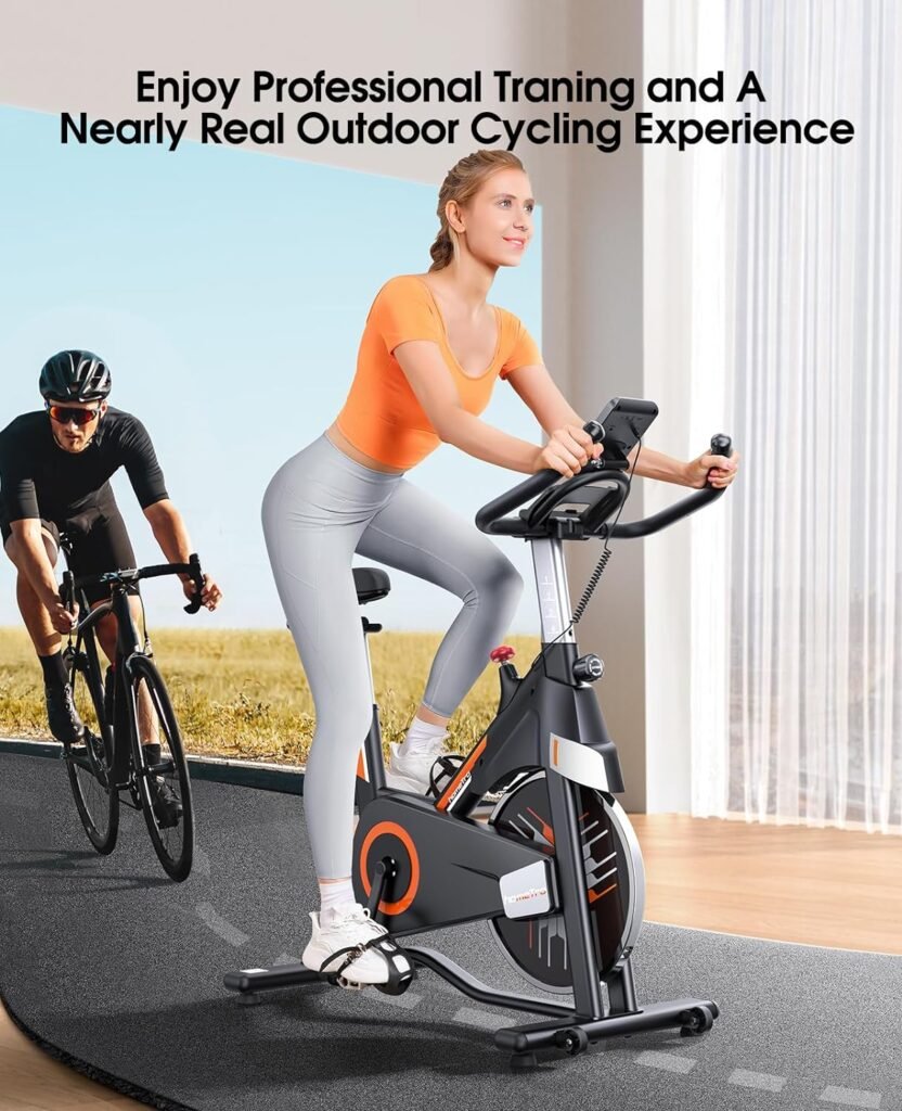 Exercise Bike, Double Magnetic/Brake Pad Resistance System Stationary Bikes Machine ,Super Quiet Belt Drive Indoor Spin Cycling Bike for Home/Gym Workout, Monitor  Ipad Mount  Comfortable Seat, Heavy Duty Stable Structure with 330LBs