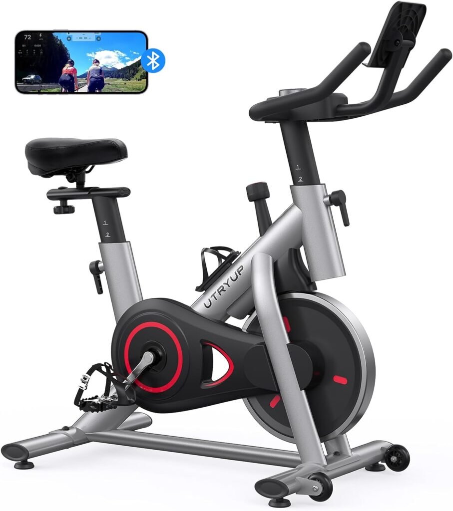 Exercise Bike, UTRYUP Stationary Bike for Home, Brake Pad Indoor Cycling Bike with Thickened Steel Tube, Silent Belt Drive, Heavy Flywheel, Comfortable Seat Cushion and Upgraded LED Monitor