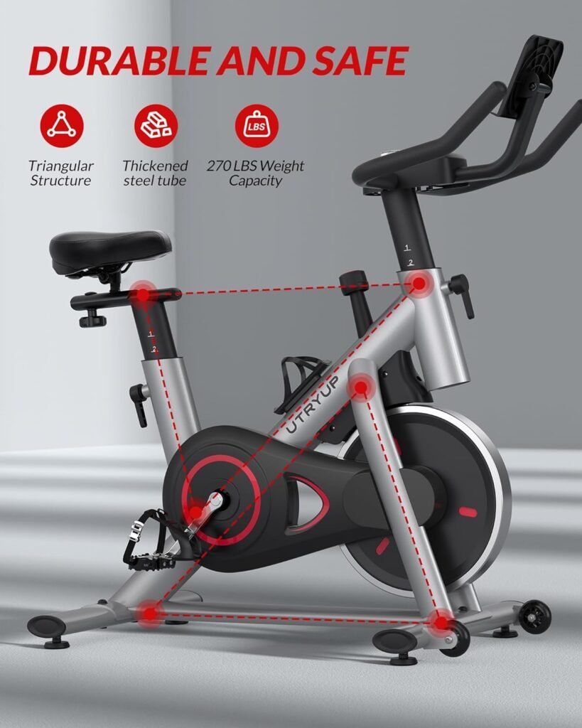 Exercise Bike, UTRYUP Stationary Bike for Home, Brake Pad Indoor Cycling Bike with Thickened Steel Tube, Silent Belt Drive, Heavy Flywheel, Comfortable Seat Cushion and Upgraded LED Monitor