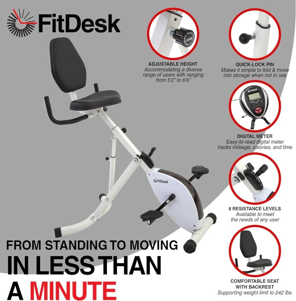 FitDesk Standing Desk Bike - Height Adjustable with 8 Level Resistance and Easy to Read Digital Performance Meter - Foldable - For Home and Office Use, White