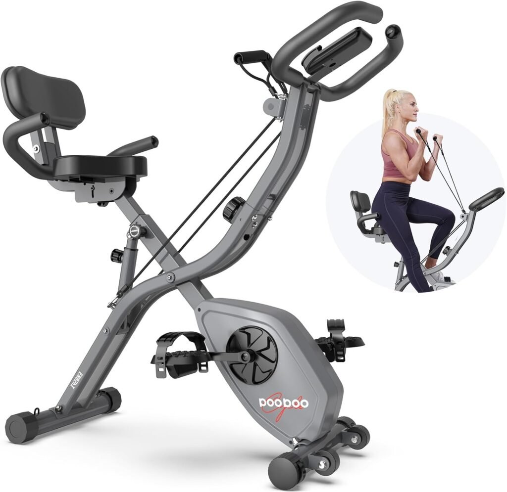 Foldable Exercise Bike, pooboo 4 IN 1 Indoor Cycling Bike Stationary Bikes for Home Upright Recumbent Position, 8-Level Magnetic Resistance Fitness Bike with Stronger Frame Seat Backrest Adjustments