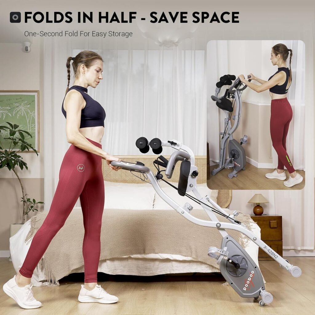 Foldable Exercise Bike, pooboo 4 IN 1 Indoor Cycling Bike Stationary Bikes for Home Upright Recumbent Position, 8-Level Magnetic Resistance Fitness Bike with Stronger Frame Seat Backrest Adjustments