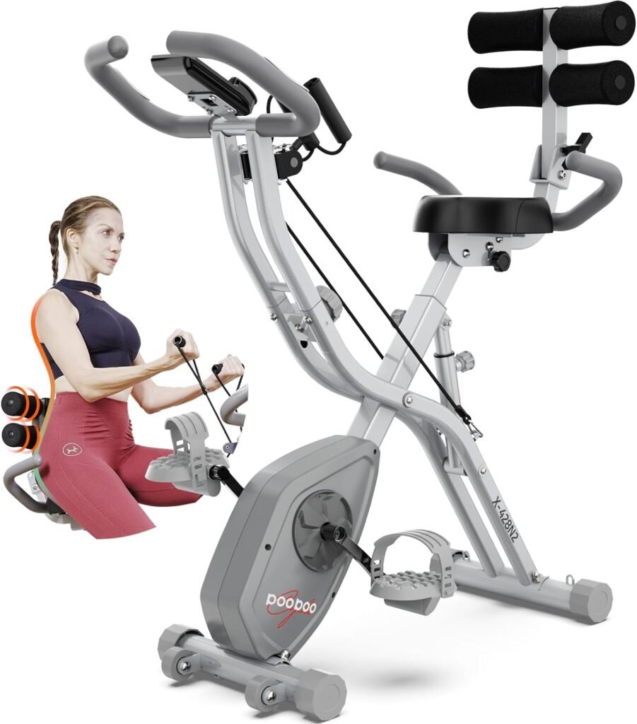 Foldable Exercise Bike, pooboo 4 IN 1 Indoor Cycling Bike Stationary Bikes for Home Upright Recumbent Position, 8-Level Magnetic Resistance Fitness Bike with Stronger Frame Seat Backrest Adjustments