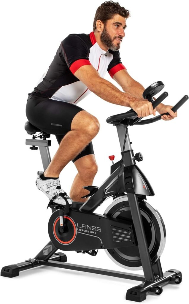 Lanos Exercise Bike, Stationary Bike for Indoor Cycling | The Perfect Exercise Bikes for Home Gym | Indoor Exercise Bike for Men and Women | Stationary Bike | Comfortable Seat Cushion, Silent Belt Drive, iPad Holder