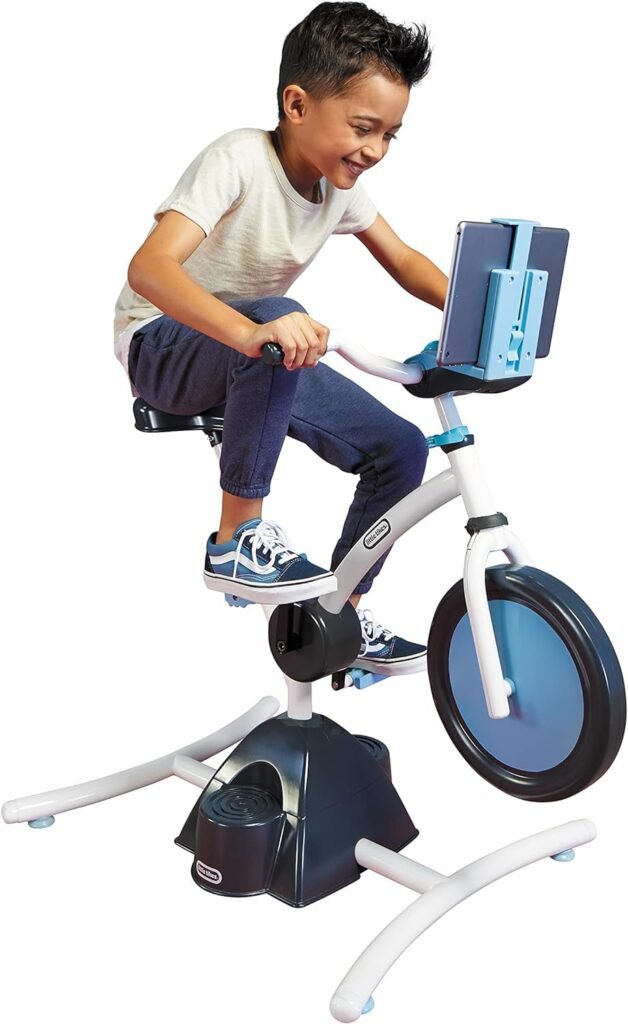 Little Tikes Pelican Explore  Fit Cycle Adjustable Play Fitness Exercise Equipment Stationary Bike with Videos and Built-in Bluetooth Speaker, For Kids Ages 3-7 Years, WHITE, BLUE