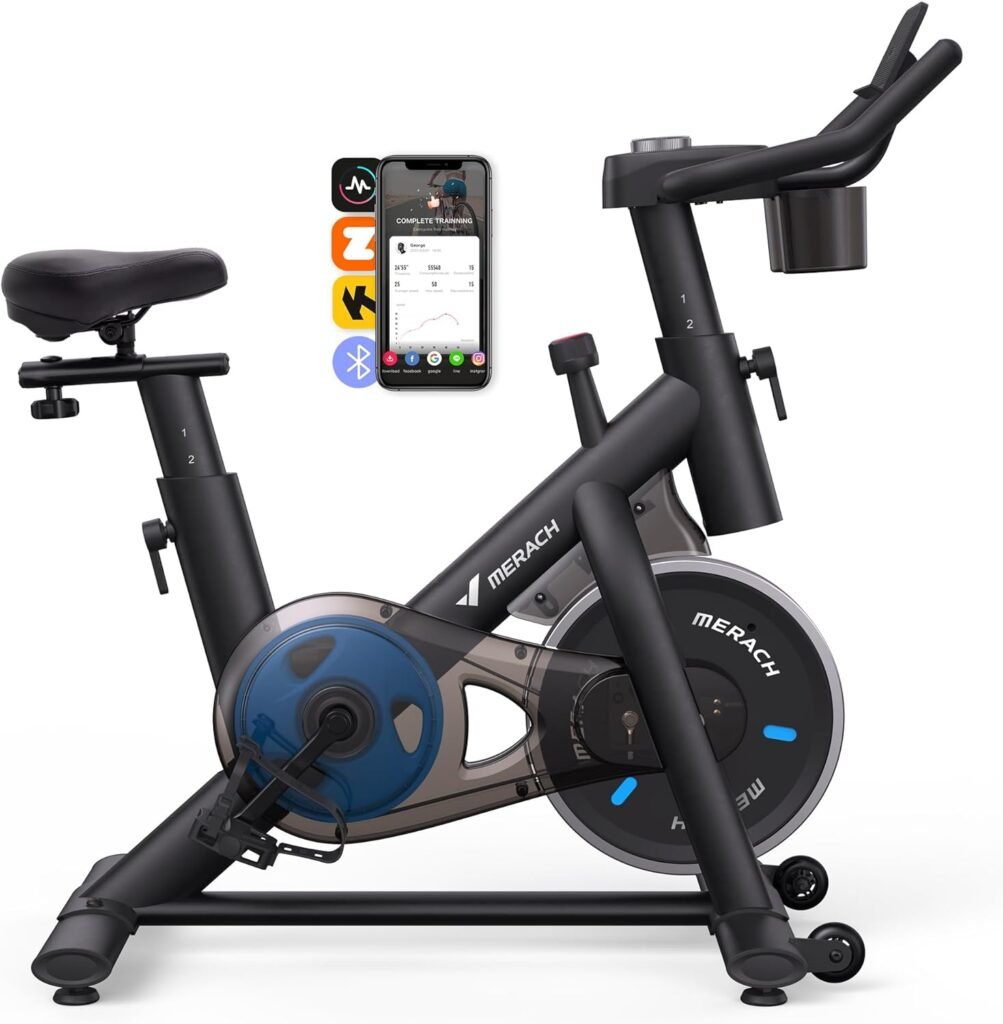 MERACH Exercise Bike for Home with Exclusive App, Stationary Bike with Enhanced Electronic LED Monitor, Silent Belt Drive and Comfortable Seat Cushion for Home Cardio Workout