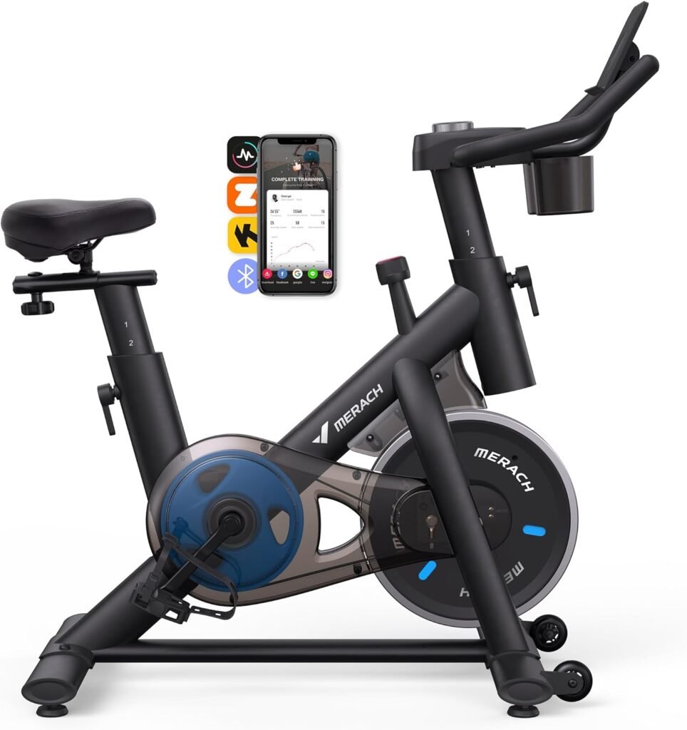 MERACH Exercise Bike for Home with Exclusive App, Stationary Bike with Enhanced Electronic LED Monitor, Silent Belt Drive and Comfortable Seat Cushion for Home Cardio Workout