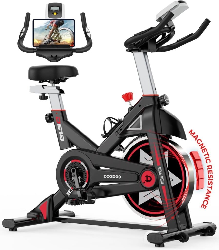 POOBOO Exercise Bike, Stationary Bike for Home Gym, Magnetic Resistance Indoor Cycling Bike w/Comfortable Seat Cushion  Ipad Mount, Silent Belt Drive Indoor Bike for Cardio Workout