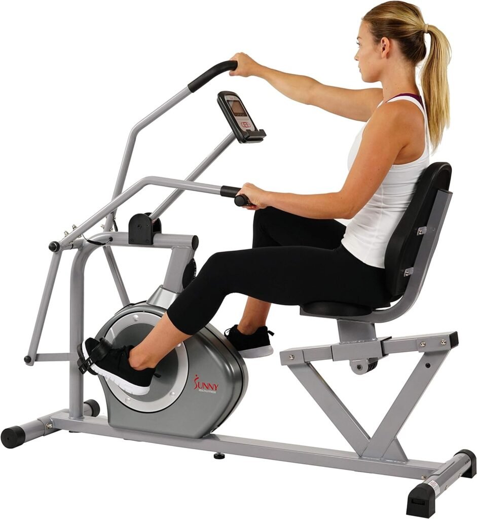 Sunny Health  Fitness Compact Performance Recumbent Bike with Dual Motion Arm Exercisers, Quick Adjust Seat  Optional Exclusive SunnyFit App Enhanced Bluetooth Connectivity