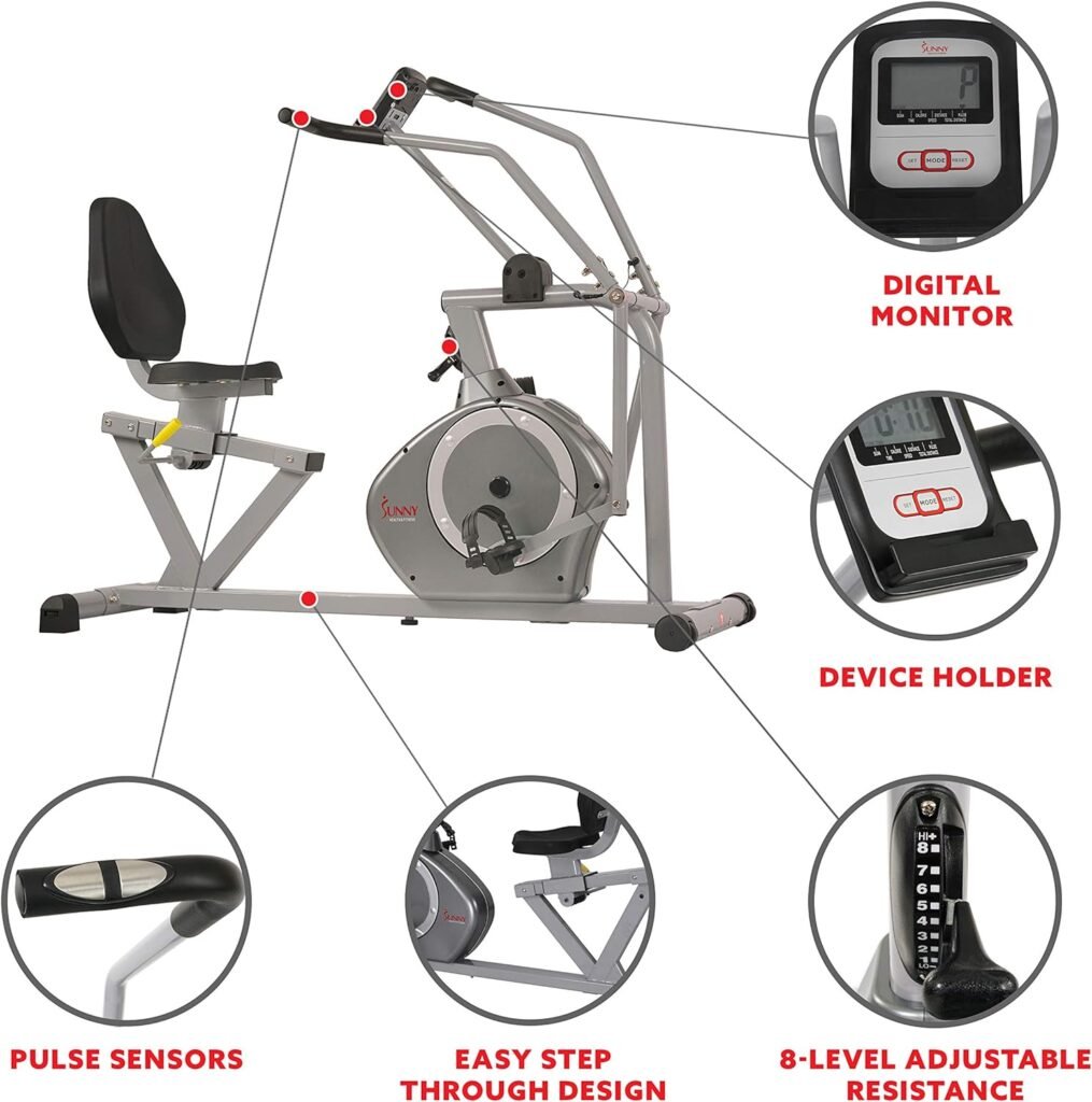 Sunny Health  Fitness Compact Performance Recumbent Bike with Dual Motion Arm Exercisers, Quick Adjust Seat  Optional Exclusive SunnyFit App Enhanced Bluetooth Connectivity