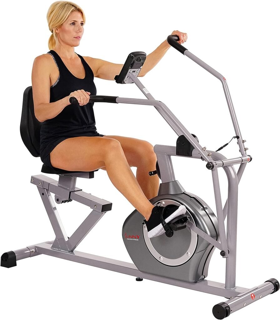 Sunny Health  Fitness Compact Performance Recumbent Bike with Dual Motion Arm Exercisers, Quick Adjust Seat  Optional Exclusive SunnyFit App Enhanced Bluetooth Connectivity