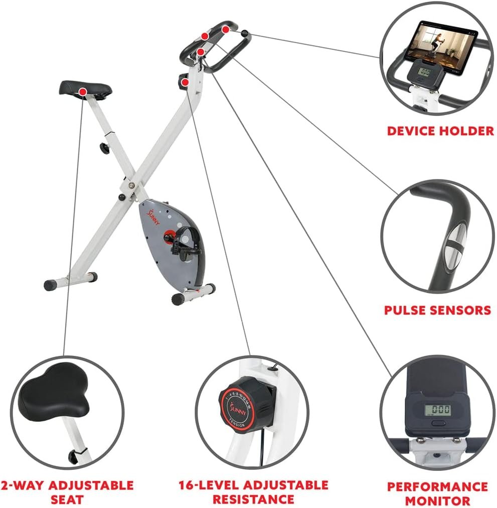 Sunny Health  Fitness Foldable Magnetic Exercise X-Bike Pro, Digital Monitor, Pulse Sensor, Low-Impact, Magnetic Resistance, Ergonomic Support, SunnyFit® App Enhanced Bluetooth Connectivity