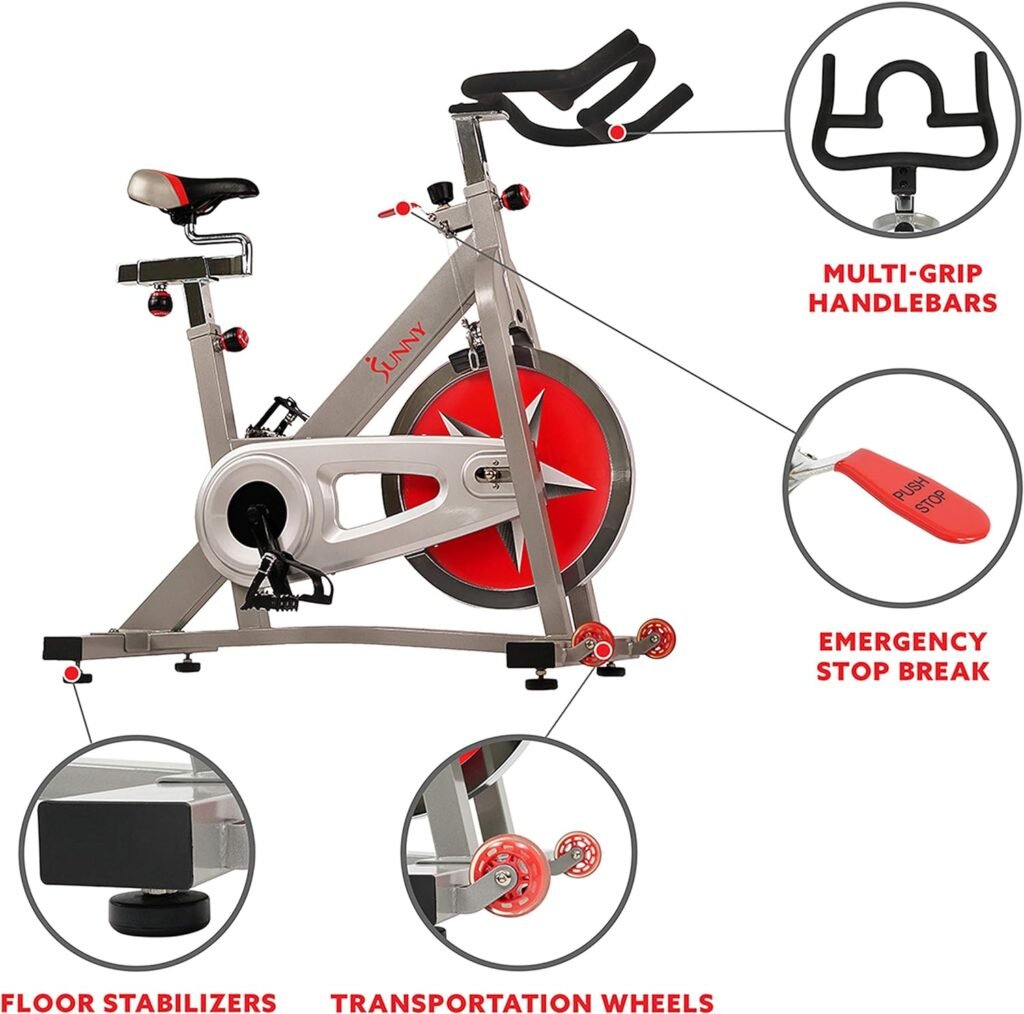 Sunny Health  Fitness Indoor Cycling Exercise Bike with Magnetic/Felt Resistance and Belt/Chain Drive Optional Bluetooth Connectivity with SunnyFit® App