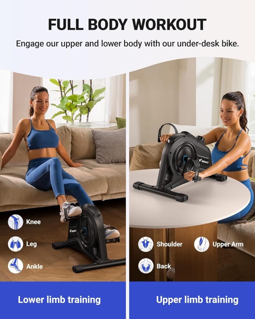 Under Desk Bike Pedal Exerciser, Quiet Magnetic Mini Exercise Bike with MERACH App for Arm, Leg Recovery, Physical Therapy, Smooth Foot Desk Cycle with 2 Resistance Bands  Non-Slip Mat