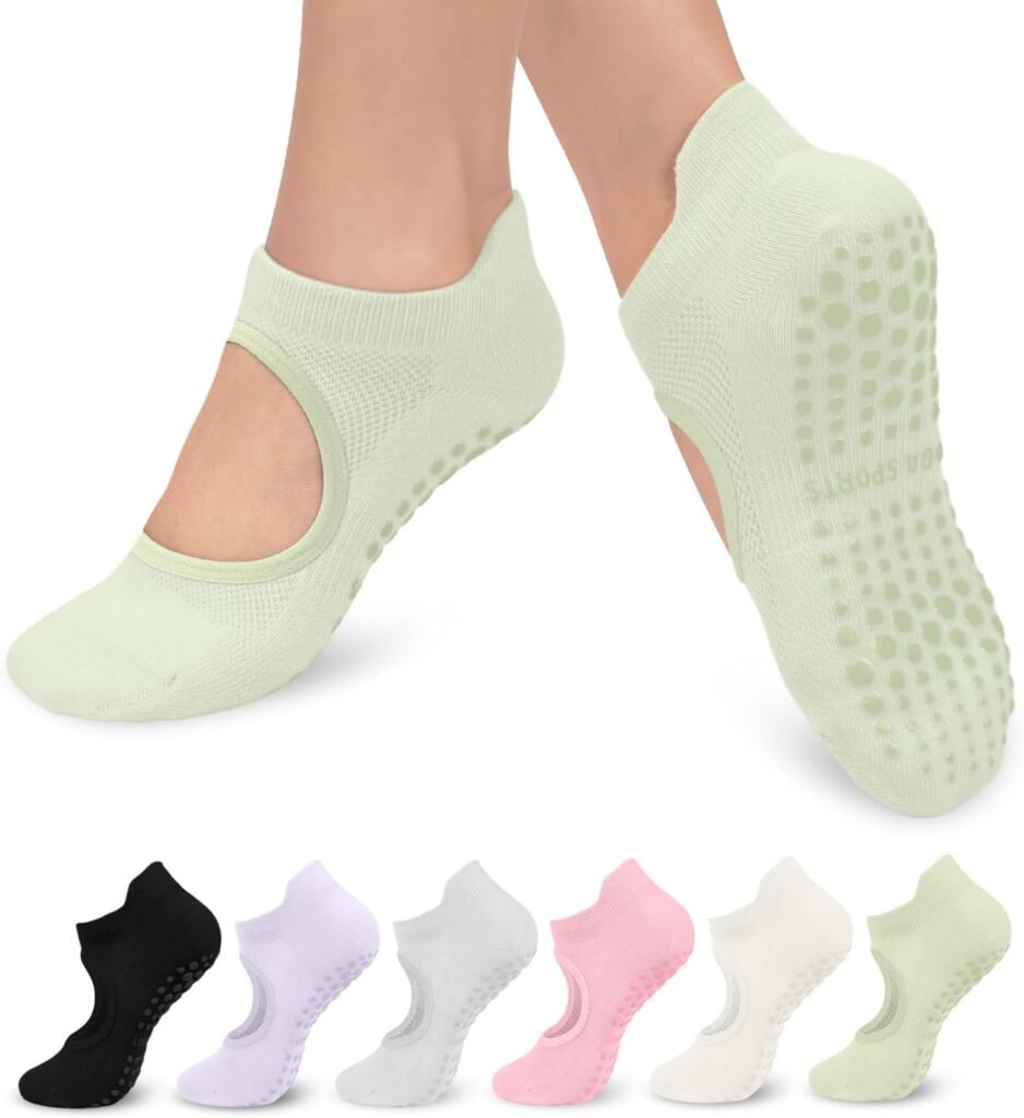 6 Pairs Grip Pilates Socks for Women, Non-slip Yoga Athletic Socks for Barre Ballet Barefoot Workout Hospital