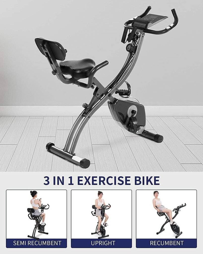 Exercise Bike Folding Magnetic Upright Stationary Bike with Pulse Sensor LCD Monitor Indoor Cycling Bike Stationary Bike Recumbent Exercise Bike with Arm Resistance Bands, Perfect for Home Use