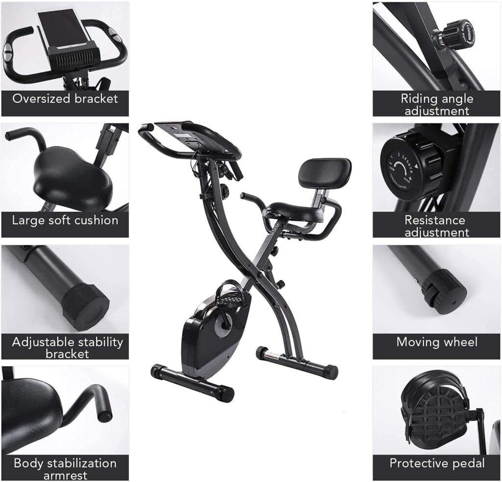 Exercise Bike Folding Magnetic Upright Stationary Bike with Pulse Sensor LCD Monitor Indoor Cycling Bike Stationary Bike Recumbent Exercise Bike with Arm Resistance Bands, Perfect for Home Use