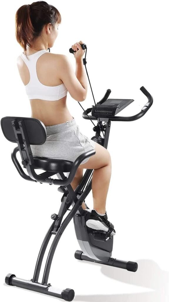 Exercise Bike Folding Magnetic Upright Stationary Bike with Pulse Sensor LCD Monitor Indoor Cycling Bike Stationary Bike Recumbent Exercise Bike with Arm Resistance Bands, Perfect for Home Use