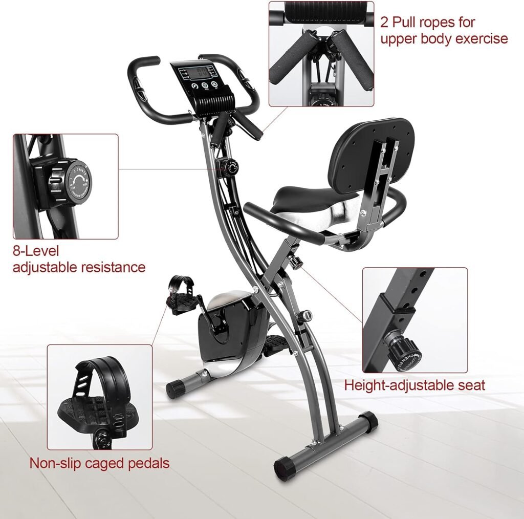 Exercise Bike Stationary bike, Ultra-Quiet Folding Indoor Cycling Bike with 8-Level Resistance, Arm Resistance Band, High Backrest, LCD Monitor, Workout bike for Home Men Women and Seniors