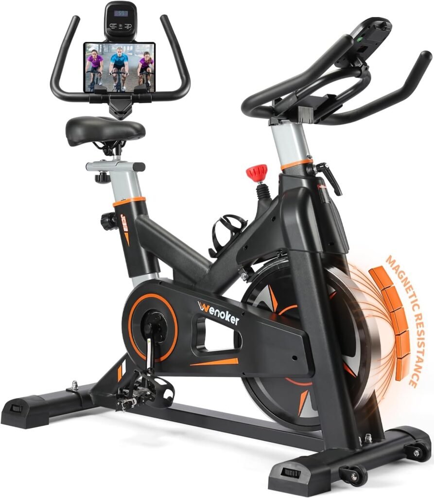 Exercise Bike, WENOKER Magnetic Resistance/Brake Pad Stationary Bike for Home, Indoor Bike with Silent Belt Drive, Heavy Flywheel, Comfortable Seat Cushion and Upgraded LCD Monitor