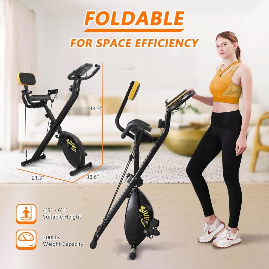 Folding Exercise Bike, Foldable Indoor Bike, 3 in 1 Upright Cycling Bike and Recumbent Exercise Bike for Home Workout, 16 Levels Resistance, 300LB Capacity, Arm Resistance Band, Pulse Sensor