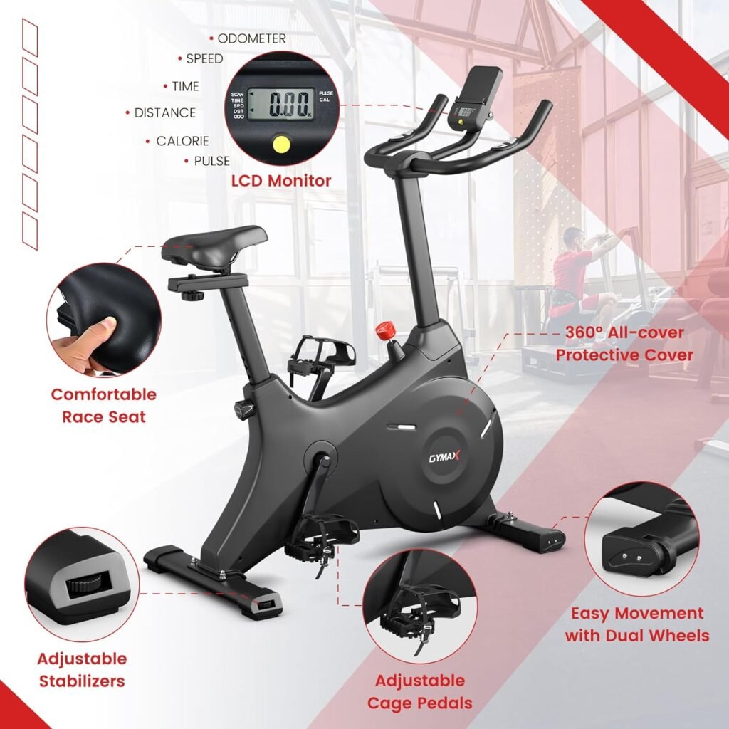 GYMAX Exercise Bike, Magnetic Resistance Stationary Bike with LCD Monitor, iPad Holder, Adjustable  Comfortable Seat, Silent Belt Drive Indoor Cycling Bike for Home Gym Workout Fitness Equipment