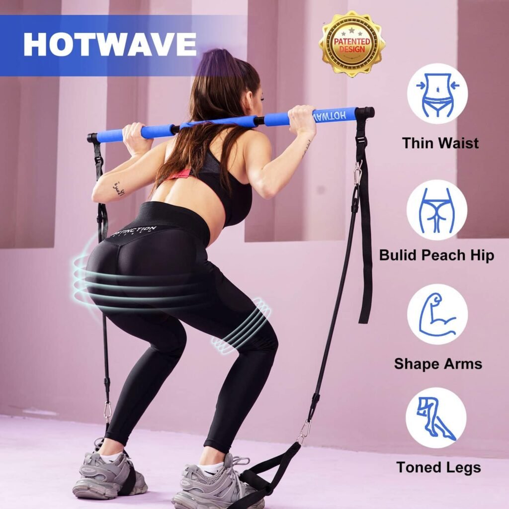 HOTWAVE Pilates Bar Kit with Resistance Bands, Exercise Bar with AB Roller,Yoga Stretching Squat,at Home Workout Equipment