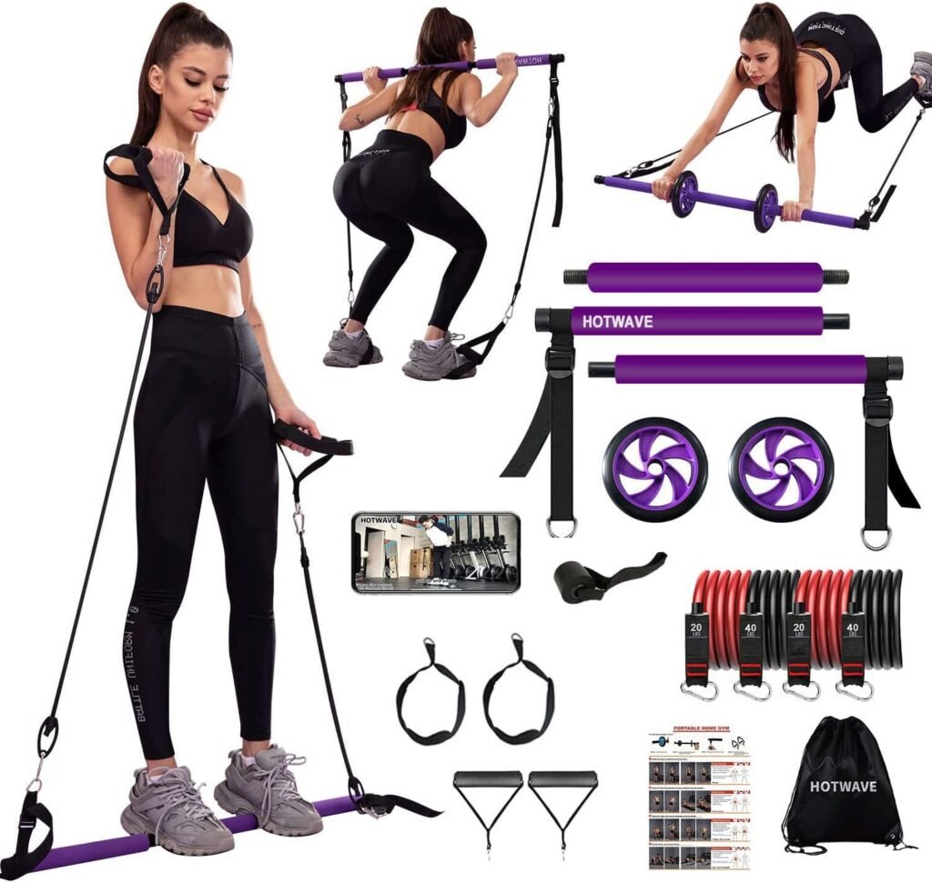 HOTWAVE Pilates Bar Kit with Resistance Bands, Exercise Bar with AB Roller,Yoga Stretching Squat,at Home Workout Equipment