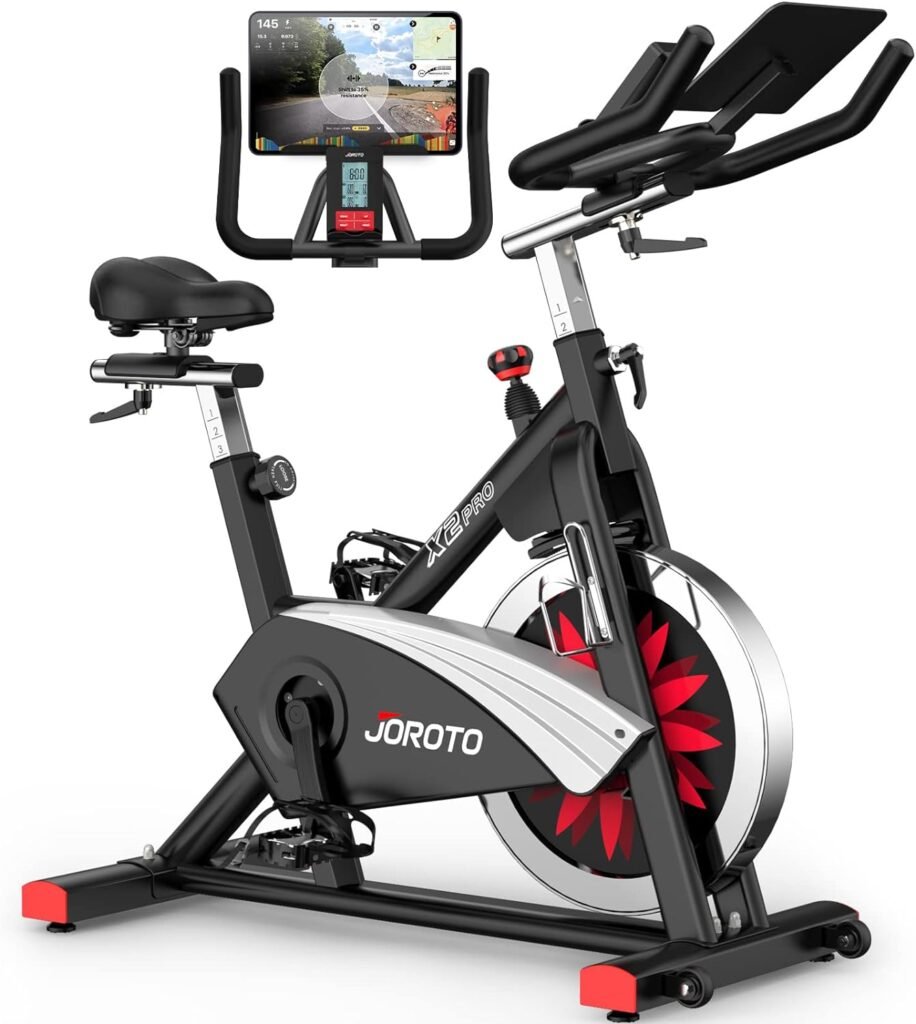 JOROTO X2 Stationary Exercise Bike | X2PRO/X4S Bluetooth Magnetic Belt Drive Indoor Cycling Bike, 300/330 Pounds Loads + 44 Days Free Kinomap Membership