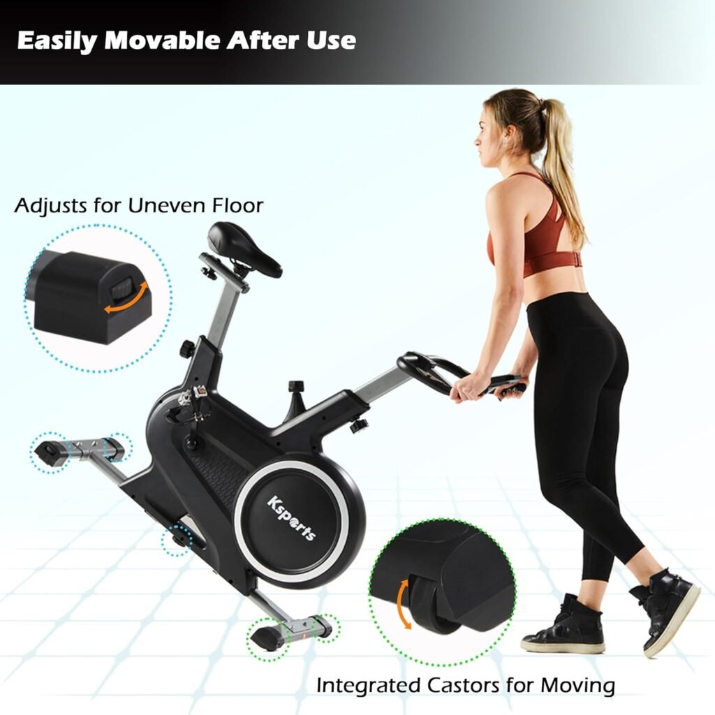 Ksports Home Magnetic Resistance Adjustable Cardio Exercise Stationary Bike for Home Gyms with LCD Screen, Straps, and Ab Mat, Black